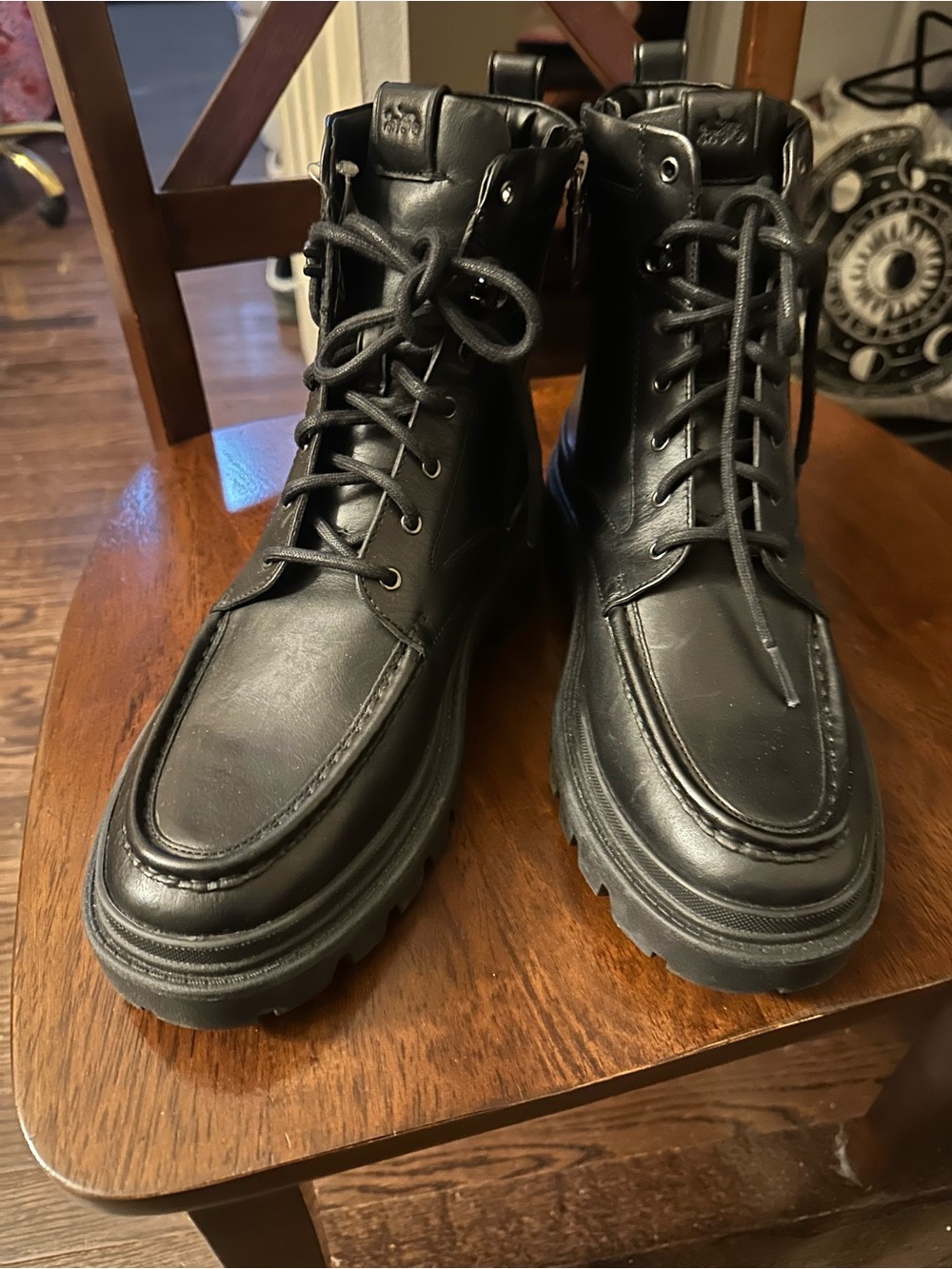 Coach Black Leather Women's Combat Lug Ankle Boots with Moc Toe